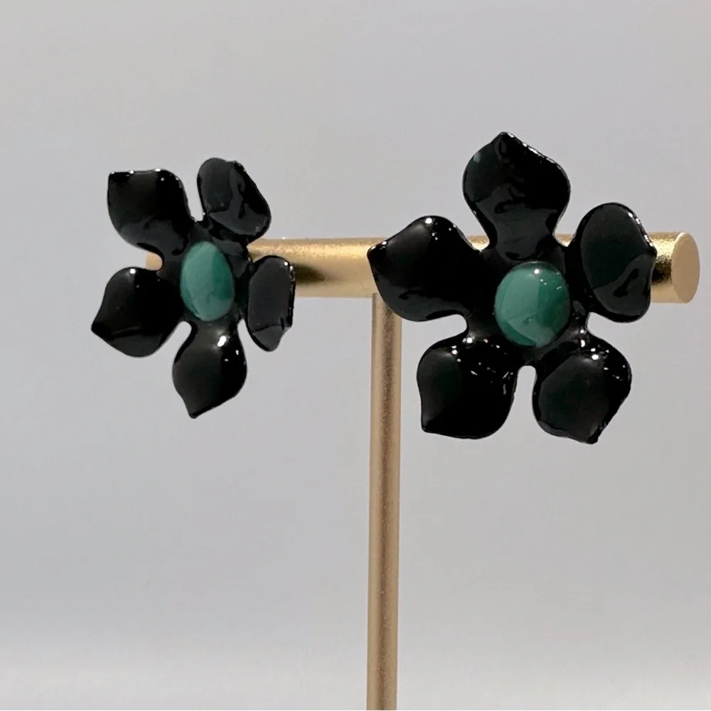 Black & Turquoise Enamel Flower Earrings Retro Whimsigoth